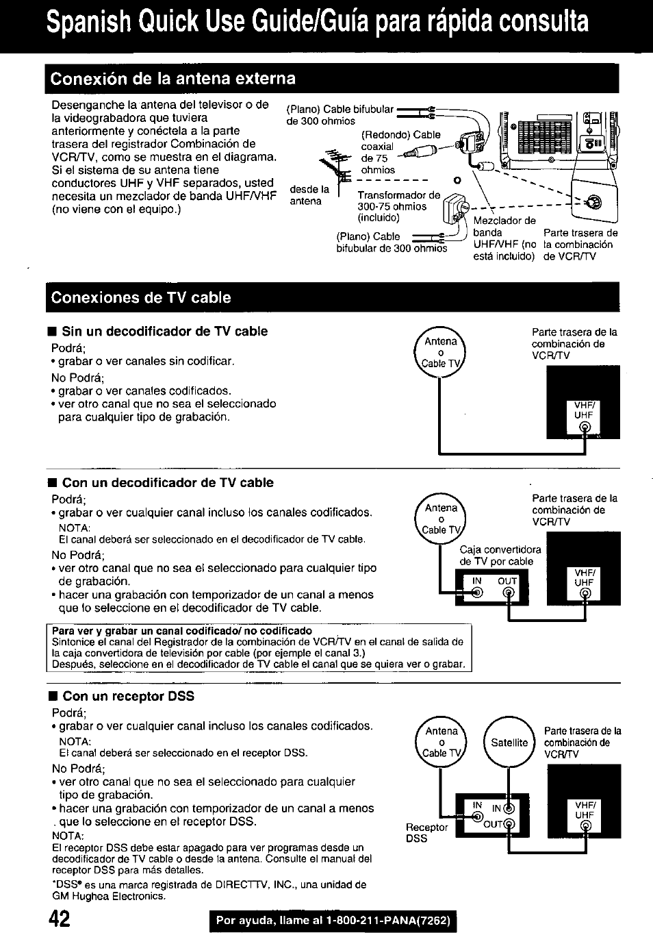 Conexión de la antena externa, Conexiones de tv cable, Spanish quick use guide/guia para rápida consulta | Panasonic PV M939 User Manual | Page 42 / 48