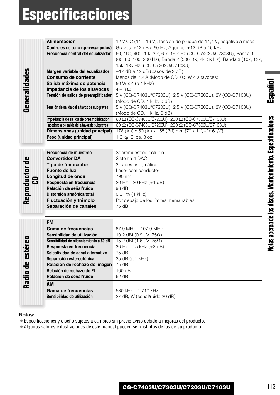 Especificaciones, Español, Generalidades reproductor de cd radio de estéreo | Panasonic C7203U User Manual | Page 113 / 114