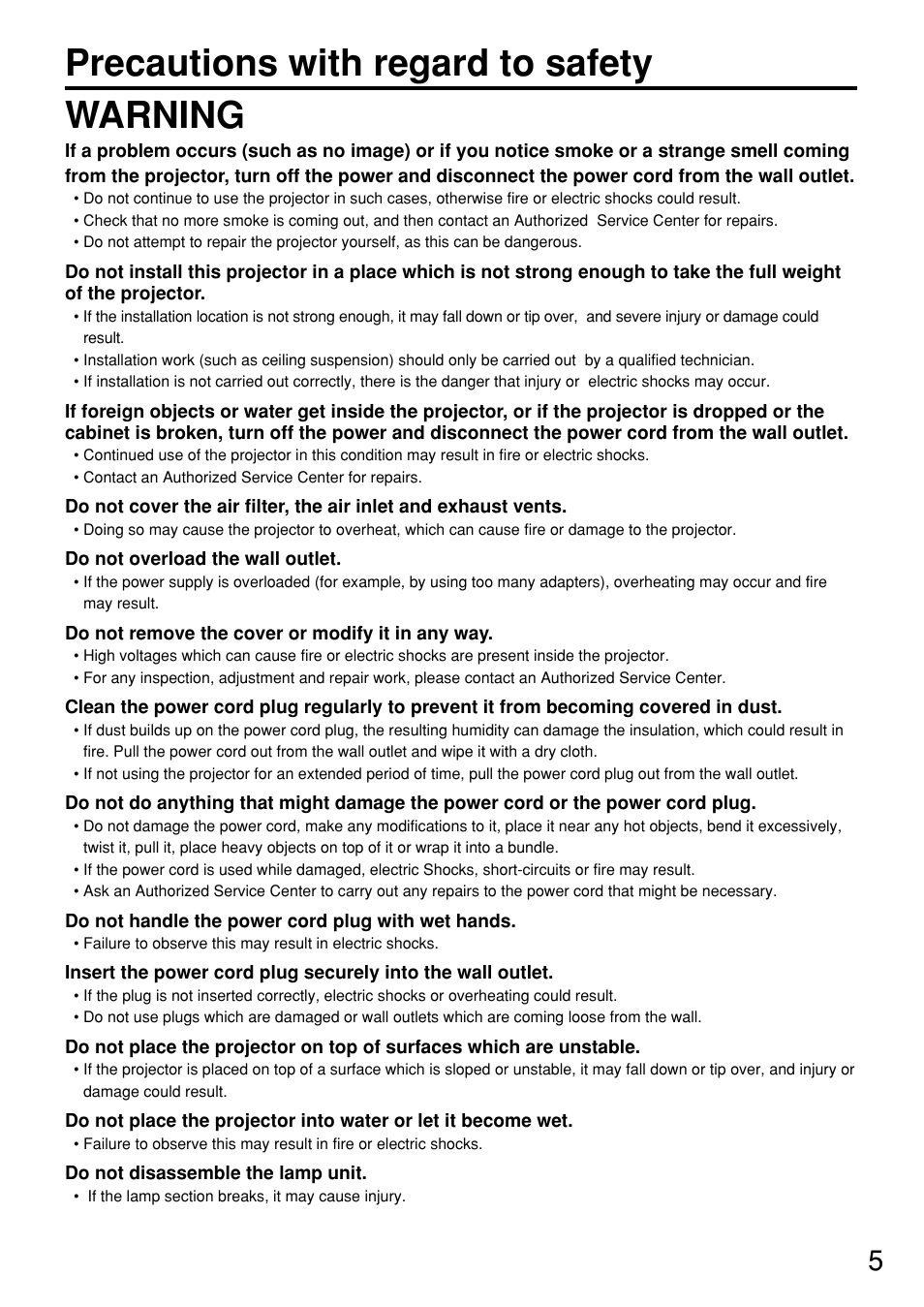 Precautions with regard to safety warning | Panasonic PT-D7600U User Manual | Page 5 / 112