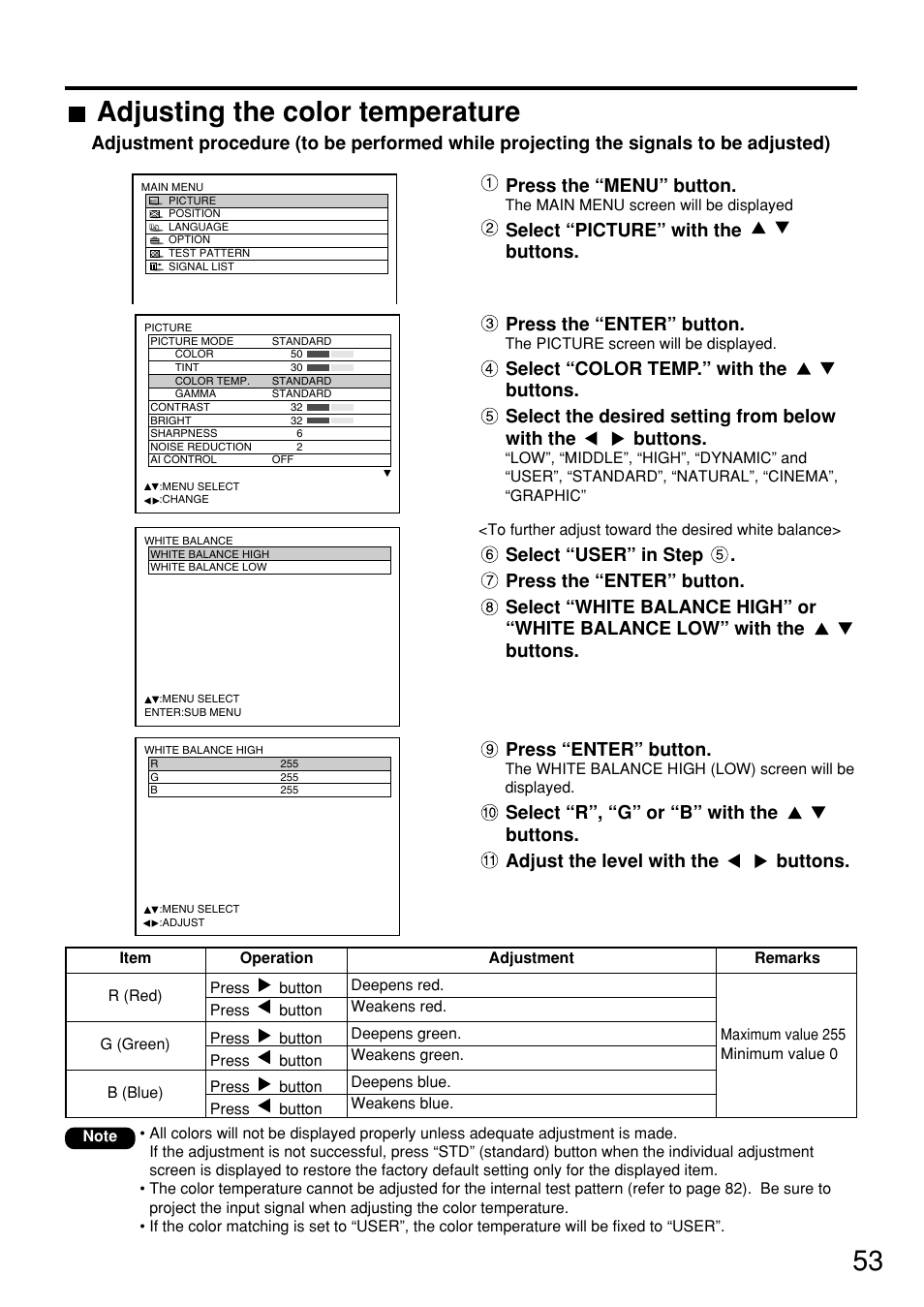 Adjusting the color temperature, Press the “menu” button, Select “picture” with the buttons | Press the “enter” button, Press “enter” button | Panasonic PT-D7600U User Manual | Page 53 / 112