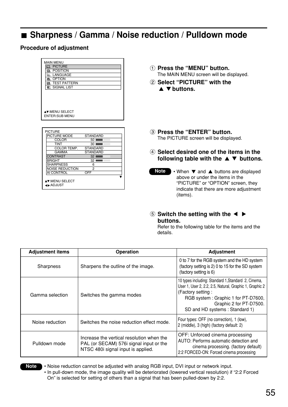 Press the “menu” button, Procedure of adjustment | Panasonic PT-D7600U User Manual | Page 55 / 112