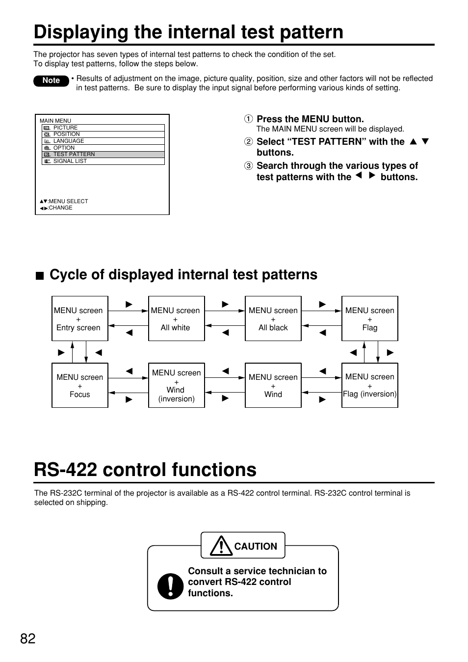 Displaying the internal test pattern, Rs-422 control functions, Cycle of displayed internal test patterns | Panasonic PT-D7600U User Manual | Page 82 / 112