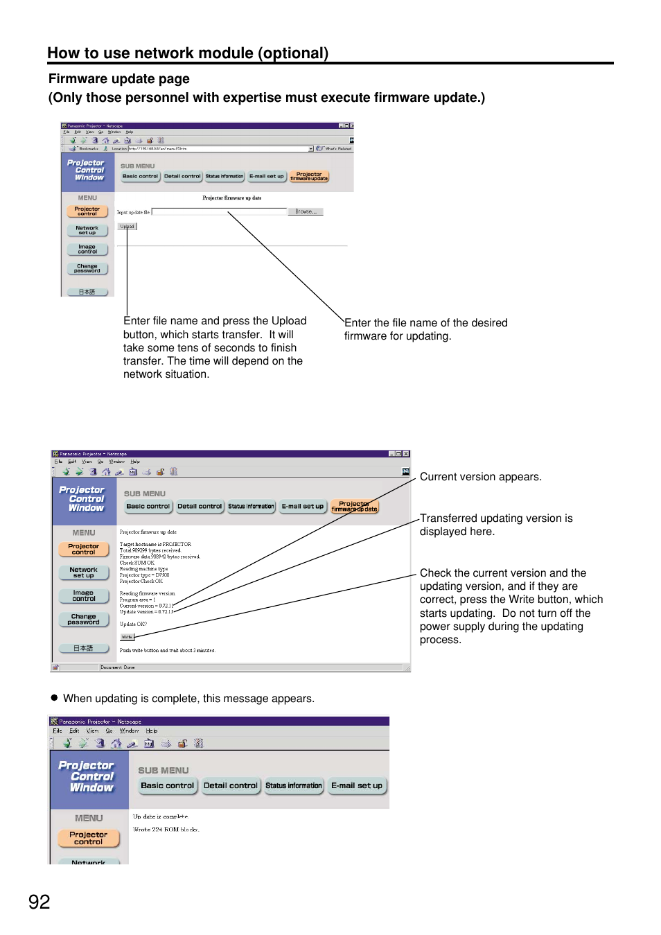 How to use network module (optional) | Panasonic PT-D7600U User Manual | Page 92 / 112