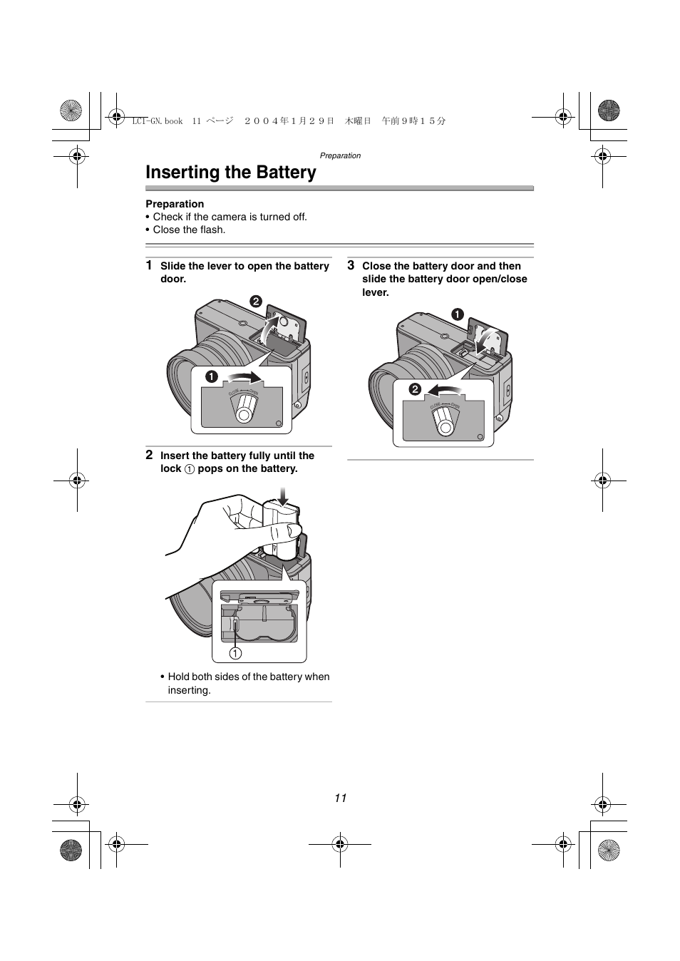 Inserting the battery | Panasonic DMC-LC1GN User Manual | Page 11 / 128