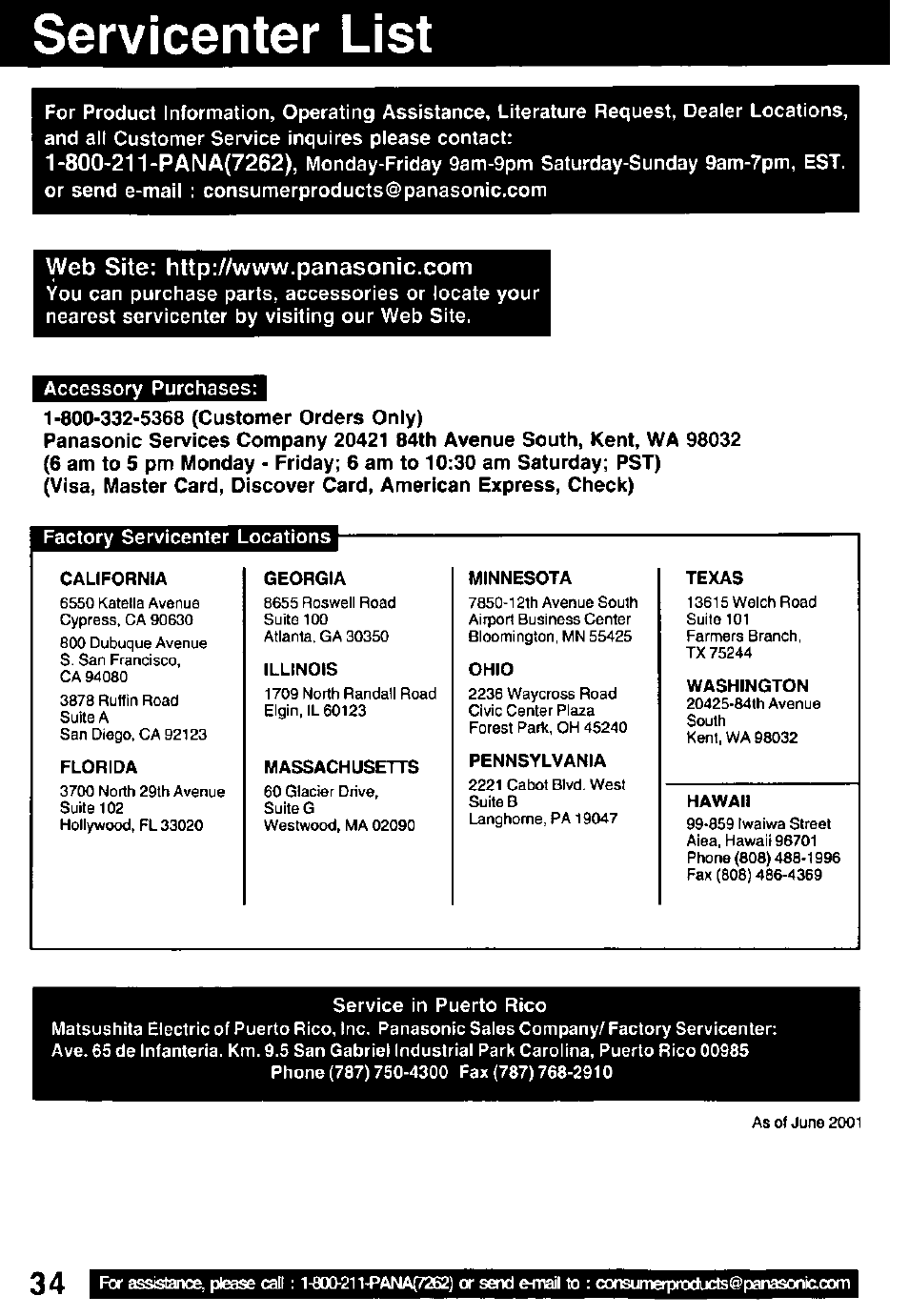Servicenter list, Web site: http://www.panasonic.com | Panasonic PV C1322 User Manual | Page 34 / 40