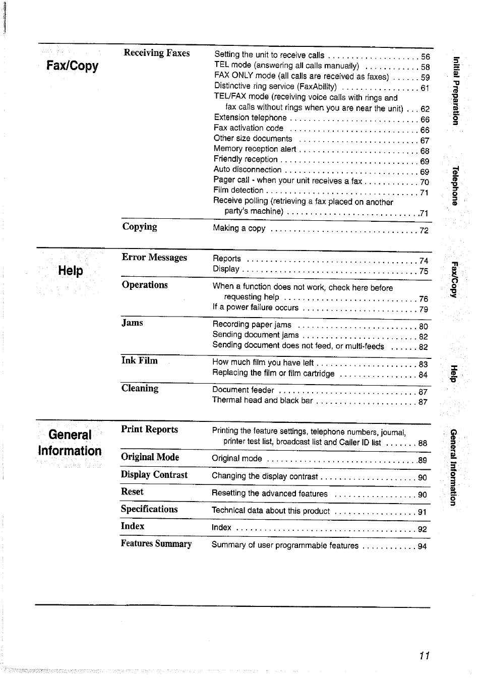 Fax/copy, General information, Receiving faxes | Copying, Error messages operations, Jams, Ink film, Cleaning, Print reports, Original mode | Panasonic KX-FP101NZ User Manual | Page 11 / 96