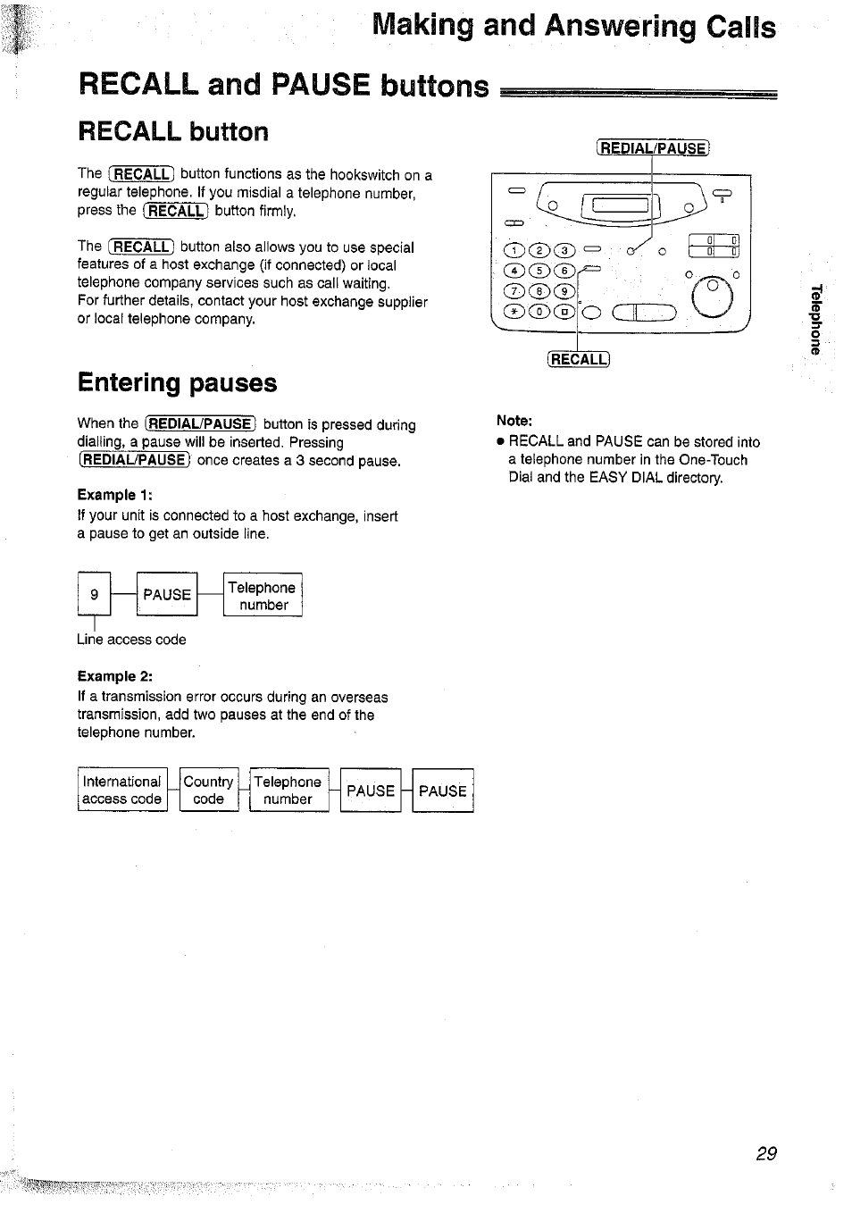 Making and answering calls, Recall and pause buttons, Example 1 | Recall button, Entering pauses | Panasonic KX-FP101NZ User Manual | Page 29 / 96