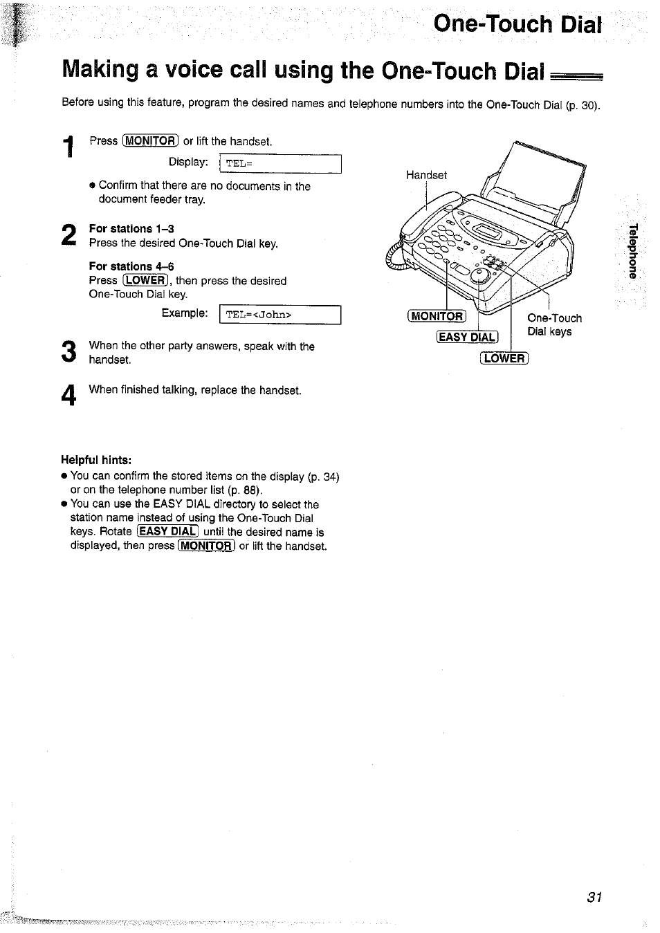 One-touch dial, Making a voice caii using the one-touch dial, For stations 1-3 | For stations 4-6, Helpful hints | Panasonic KX-FP101NZ User Manual | Page 31 / 96