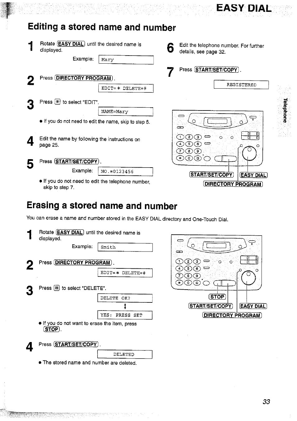 Press (directory program, Start/set/copyl, Easy dial | Directory program, Press (directory program), Easy dial editing a stored name and number, Erasing a stored name and number | Panasonic KX-FP101NZ User Manual | Page 33 / 96
