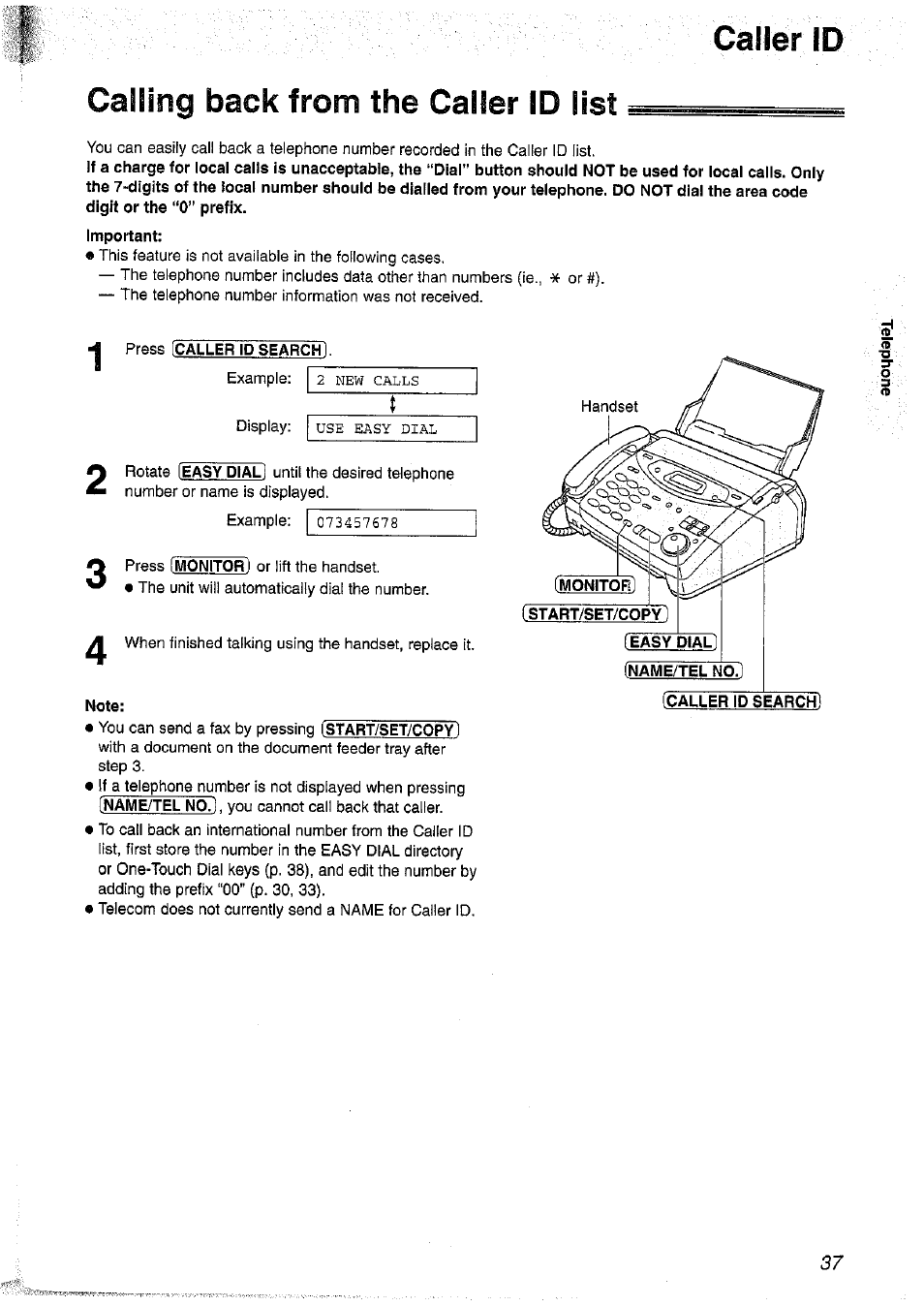 Caller id, Calling back from the caller id list, Press [caller id search) | Note, Caller id calling back from the caller id list | Panasonic KX-FP101NZ User Manual | Page 37 / 96