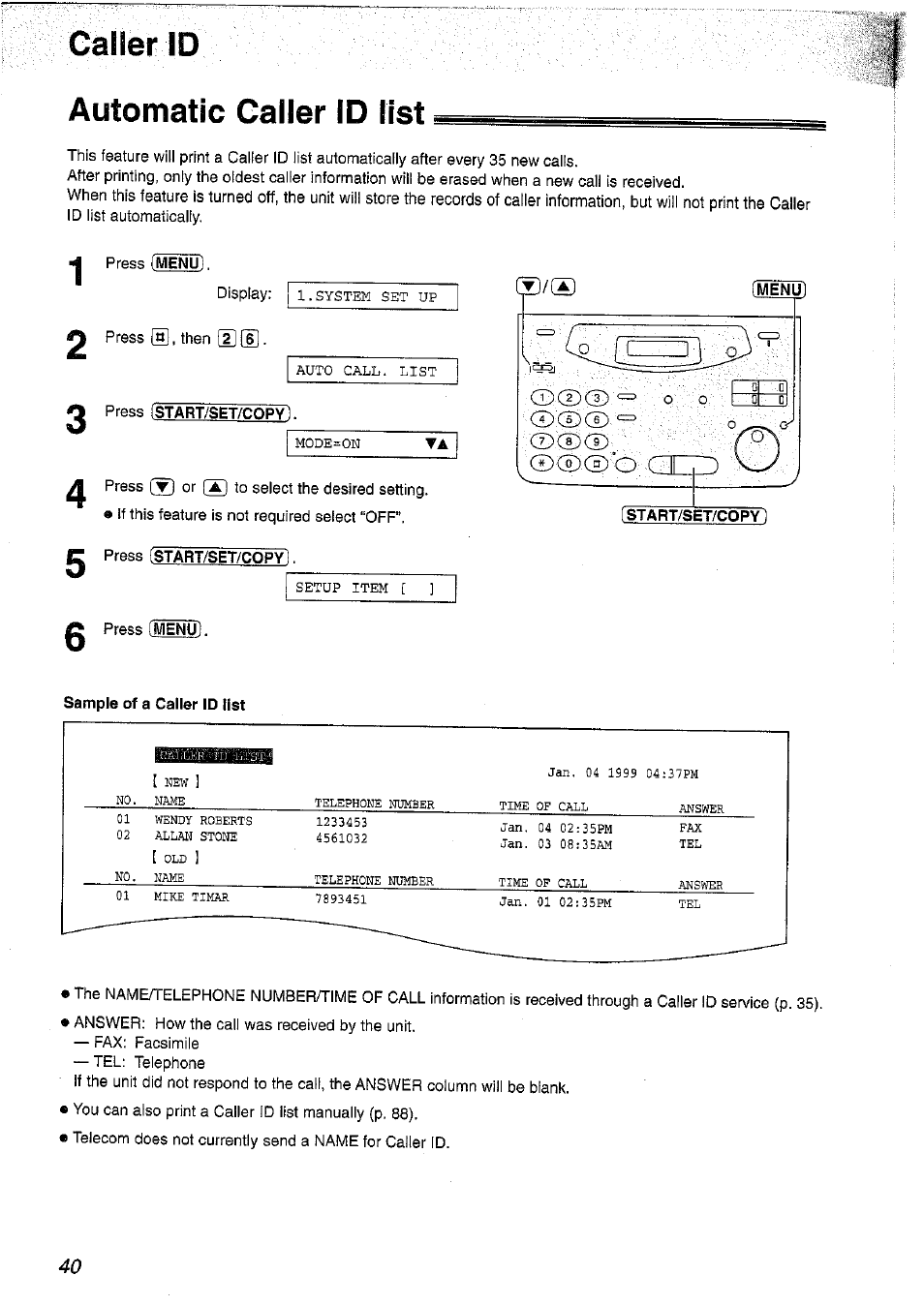 Galler id, Automatic caller id list, Sample of a caller id list | Galler id automatic caller id list, Menu, Fstart/set/copy, Istart/set/copy | Panasonic KX-FP101NZ User Manual | Page 40 / 96
