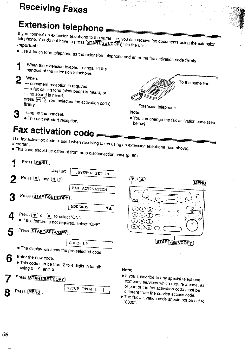 Receiving faxes extension telephone, Important, Fax activation code | Press (mènu, Press [sfart/set/copy, Press istart/set/copy, Note | Panasonic KX-FP101NZ User Manual | Page 66 / 96