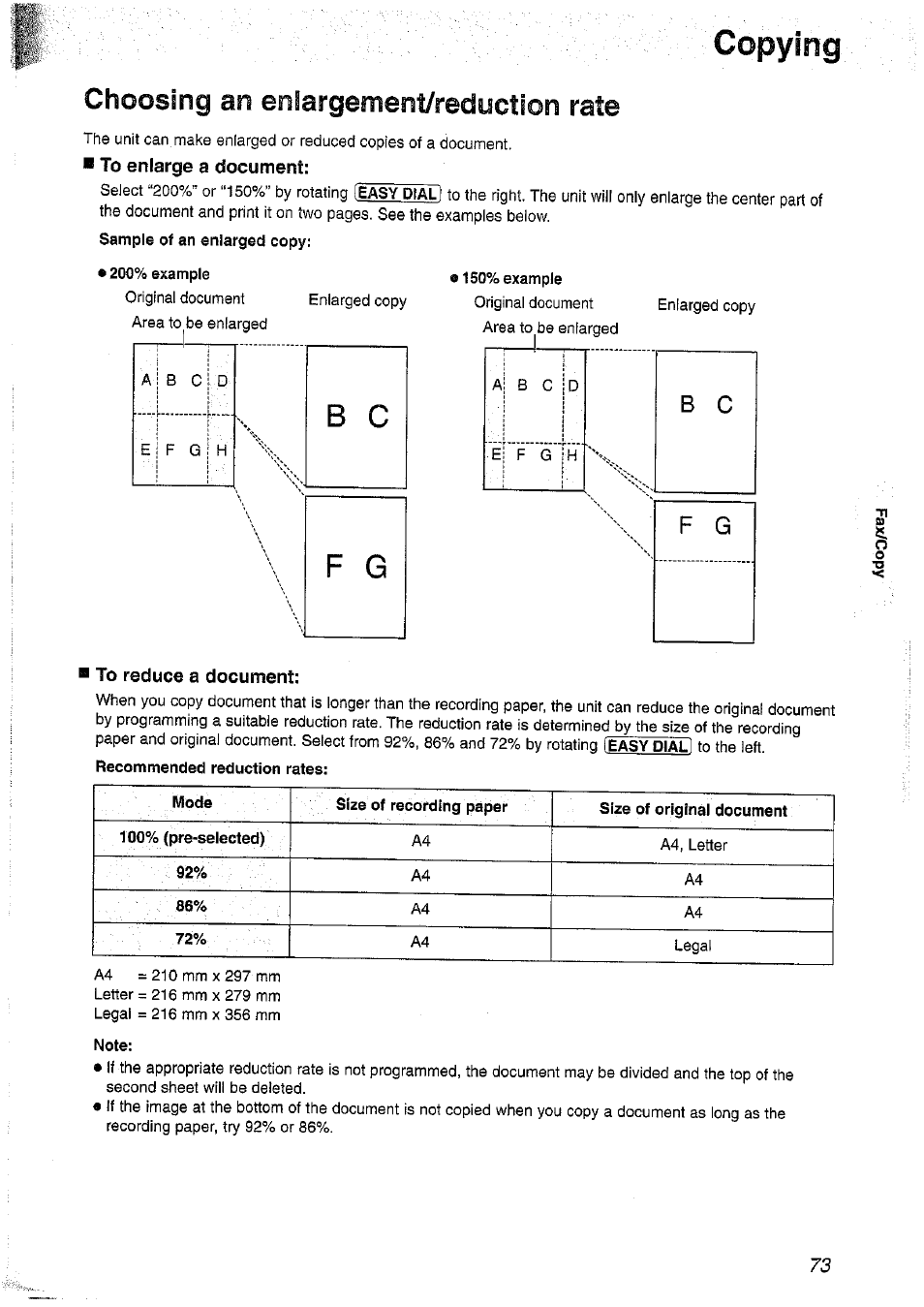 Copying, 200% example, 150% example | Recommended reduction rates, Note, Choosing an enlargement/reductlon rate | Panasonic KX-FP101NZ User Manual | Page 73 / 96