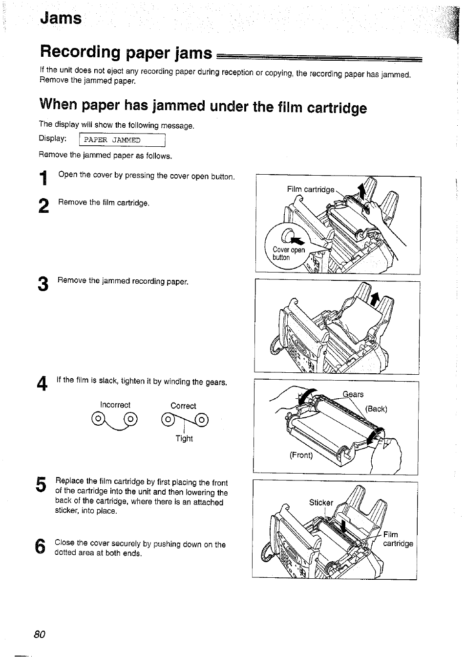 When paper has jammed under the film cartridge, J a m s, Recording paper jams | Panasonic KX-FP101NZ User Manual | Page 80 / 96