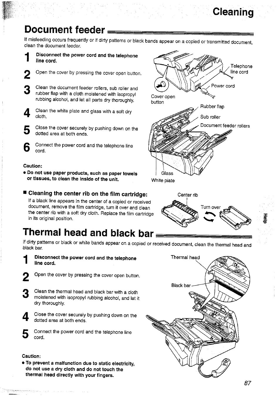 Cleaning, Document feeder, Caution | Cleaning the center rib on the film cartridge, Thermal head and black bar, Cleaning document feeder | Panasonic KX-FP101NZ User Manual | Page 87 / 96