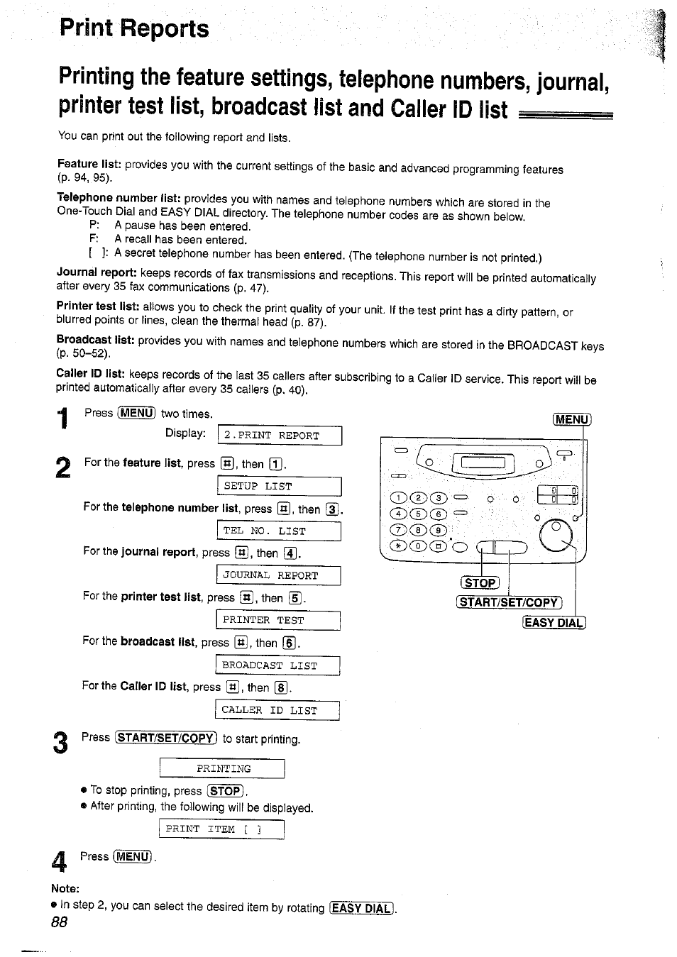 Print reports, Note | Panasonic KX-FP101NZ User Manual | Page 88 / 96