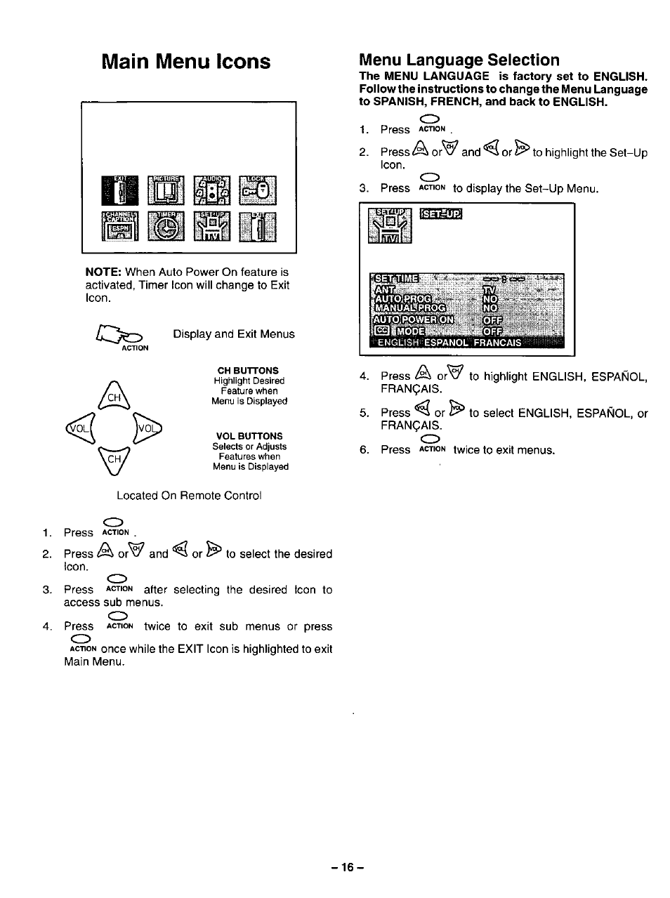 Menu language selection, Main menu icons | Panasonic COLOUR TELEVISION CT-32G2 User Manual | Page 16 / 28