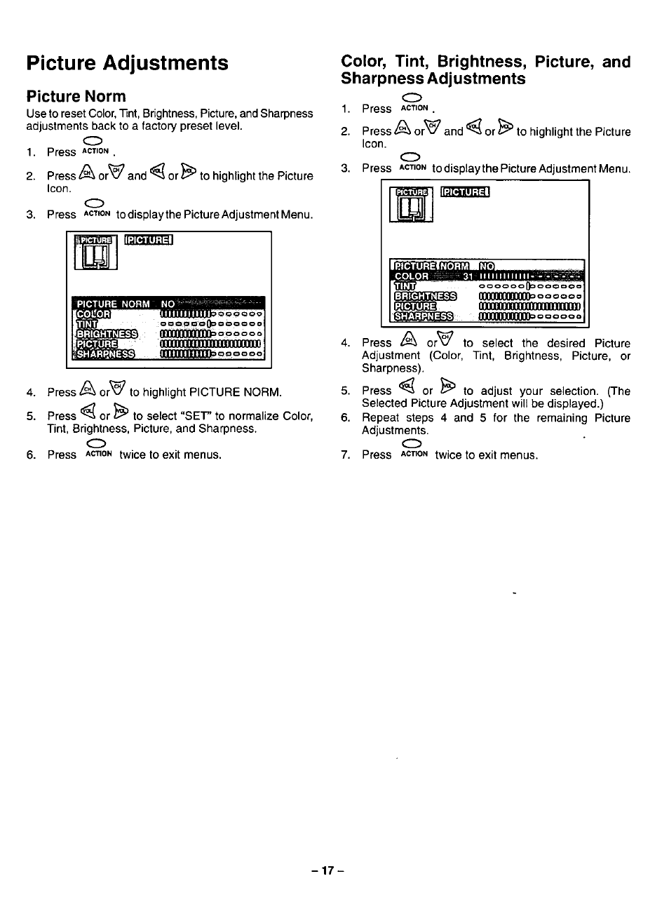 Picture norm, Picture adjustments, A orw | Panasonic COLOUR TELEVISION CT-32G2 User Manual | Page 17 / 28