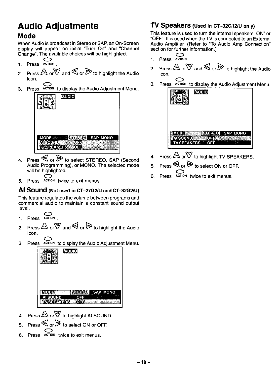 Mode, Audio adjustments, Al sound | Tv speakers | Panasonic COLOUR TELEVISION CT-32G2 User Manual | Page 18 / 28