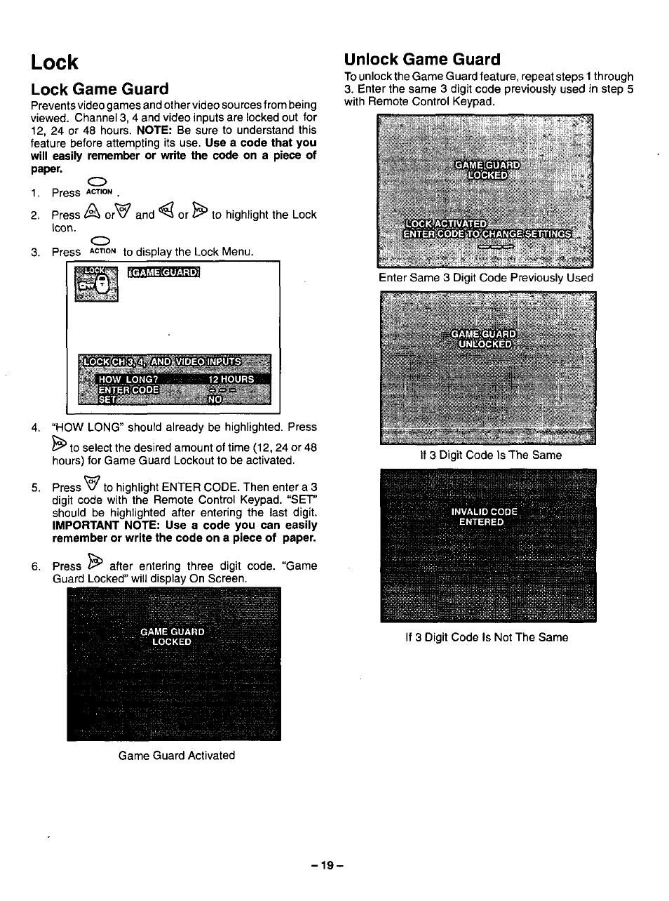 Lock game guard, Unlock game guard, Lock game guard unlock game guard | Lock | Panasonic COLOUR TELEVISION CT-32G2 User Manual | Page 19 / 28