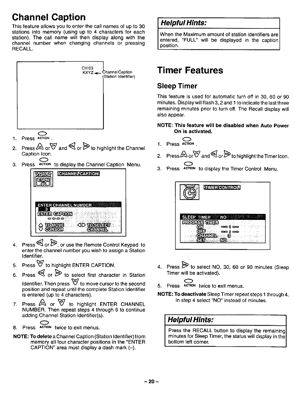 Sleep timer, Channel caption, Timer features | Helpful hints, Helpfulhinfs | Panasonic COLOUR TELEVISION CT-32G2 User Manual | Page 20 / 28