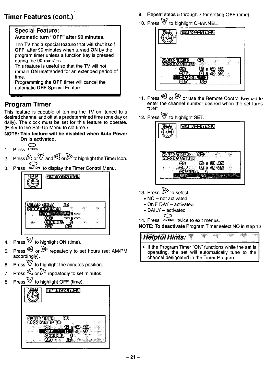 Timer features (cont.), Special feature, Program timer | Helpful hints | Panasonic COLOUR TELEVISION CT-32G2 User Manual | Page 21 / 28