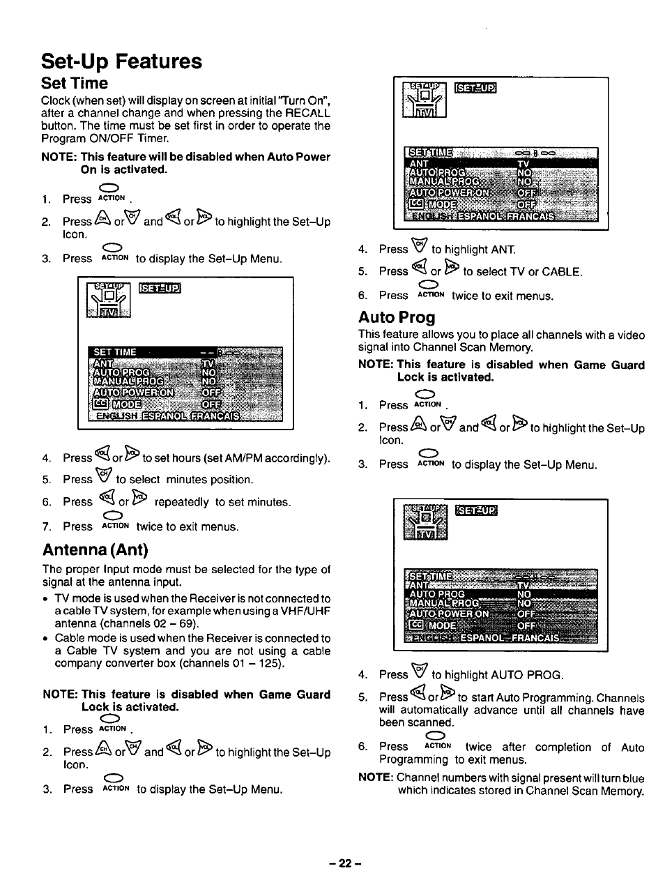 Set time, Antenna (ant), Auto prog | Antenna (ant) auto prog, Set-up features | Panasonic COLOUR TELEVISION CT-32G2 User Manual | Page 22 / 28