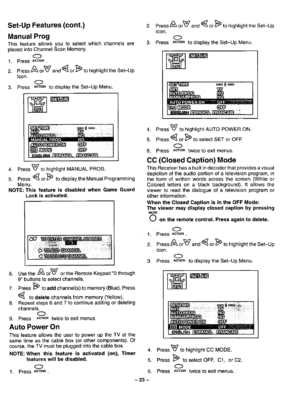 Set-up features (cont.), Manual prog, Auto power on | Cc (closed caption) mode, Manual prog auto power on cc (closed caption) mode, Set-up features (cont.) manual prog | Panasonic COLOUR TELEVISION CT-32G2 User Manual | Page 23 / 28