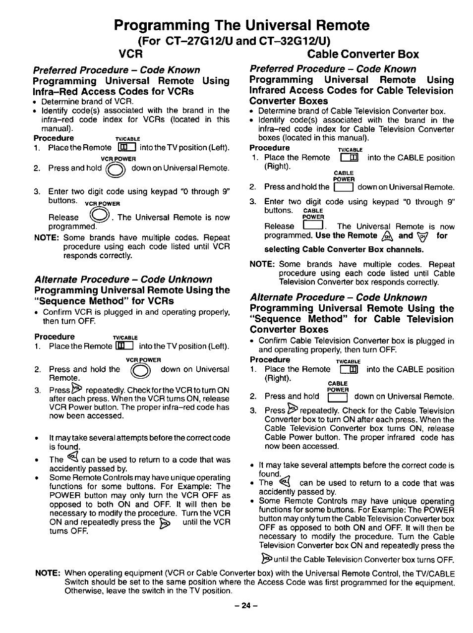 For ct-27g12/u and ct-32g12/u), Vcr cable converter box, Programming the universal remote | Preferred procedure - code known, Preferred procedure, Code known, Alternate procedure, Code unknown, Alternate procedure - code unknown | Panasonic COLOUR TELEVISION CT-32G2 User Manual | Page 24 / 28