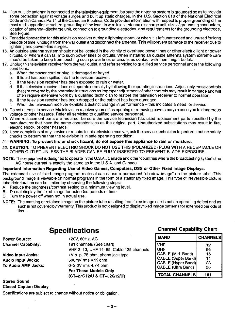 Channel capability chart, Specifications | Panasonic COLOUR TELEVISION CT-32G2 User Manual | Page 3 / 28
