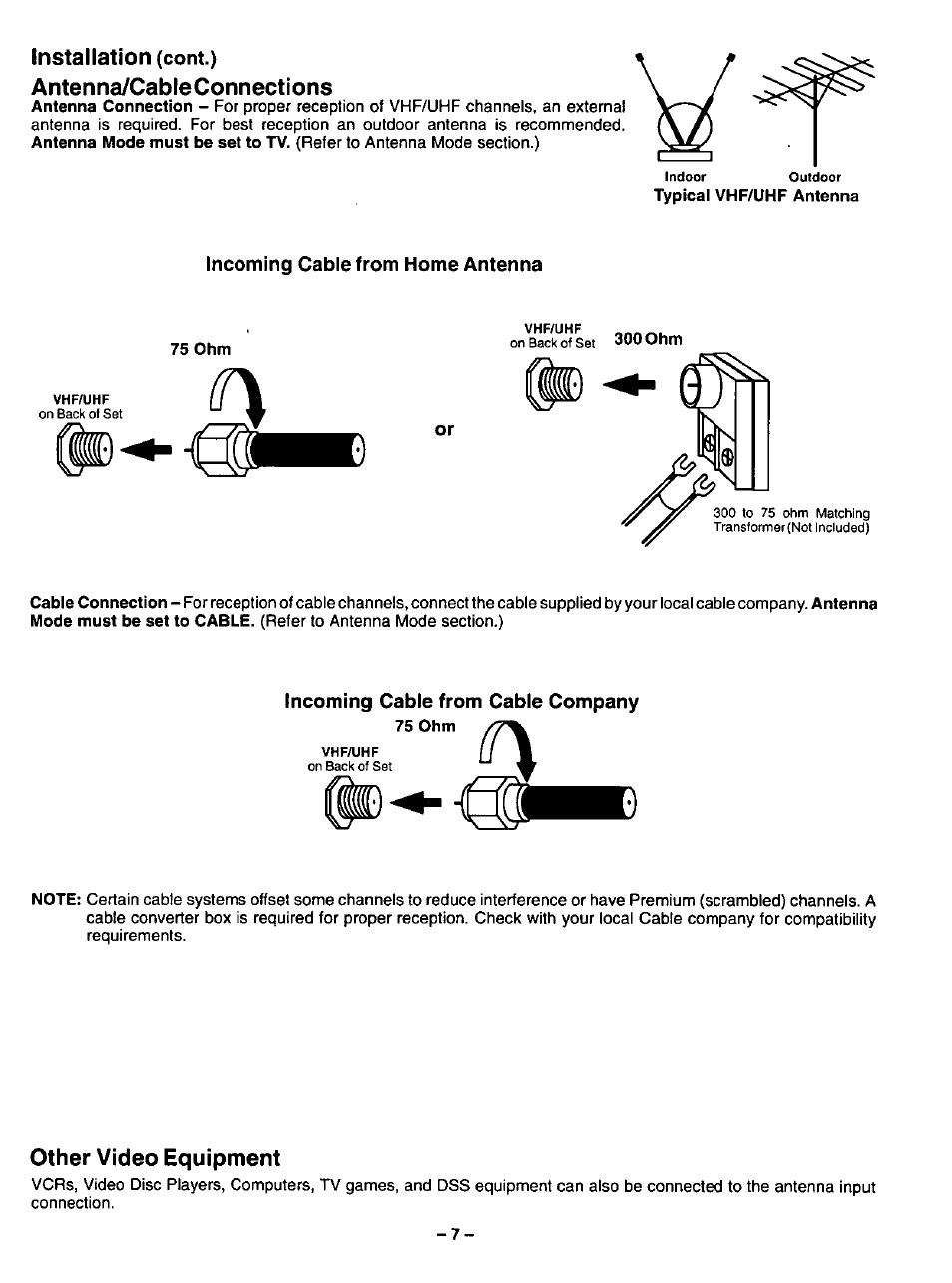 Installation (cont.), Antenna/cableconnections, Incoming cable from home antenna | 75 ohm, Incoming cable from cable company, Other video equipment, Antenna/cable connections other video equipment, Installation | Panasonic COLOUR TELEVISION CT-32G2 User Manual | Page 7 / 28