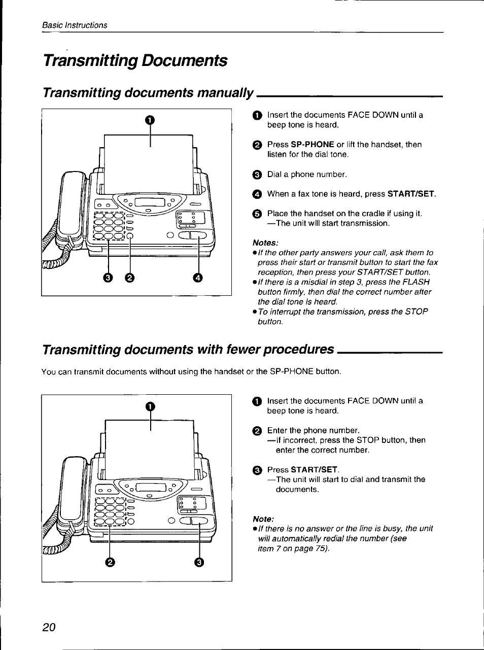 Transmitting documents, Transmitting documents manuaiiy, Transmitting documents with fewer procedures | Transmitting documents manually | Panasonic KX-F700 User Manual | Page 20 / 86