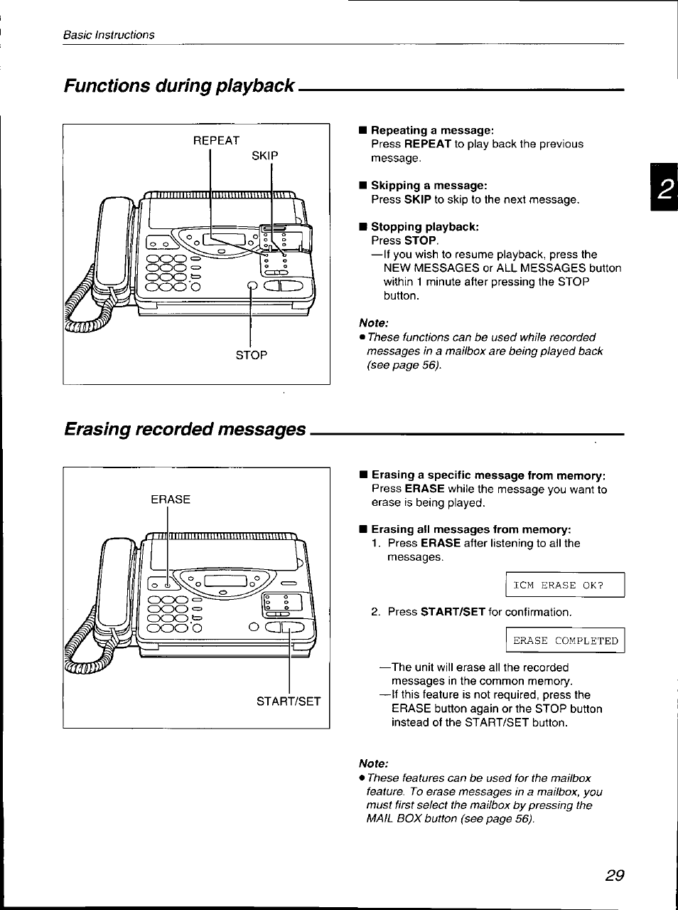 Functions during piayback, Erasing recorded messages | Panasonic KX-F700 User Manual | Page 29 / 86