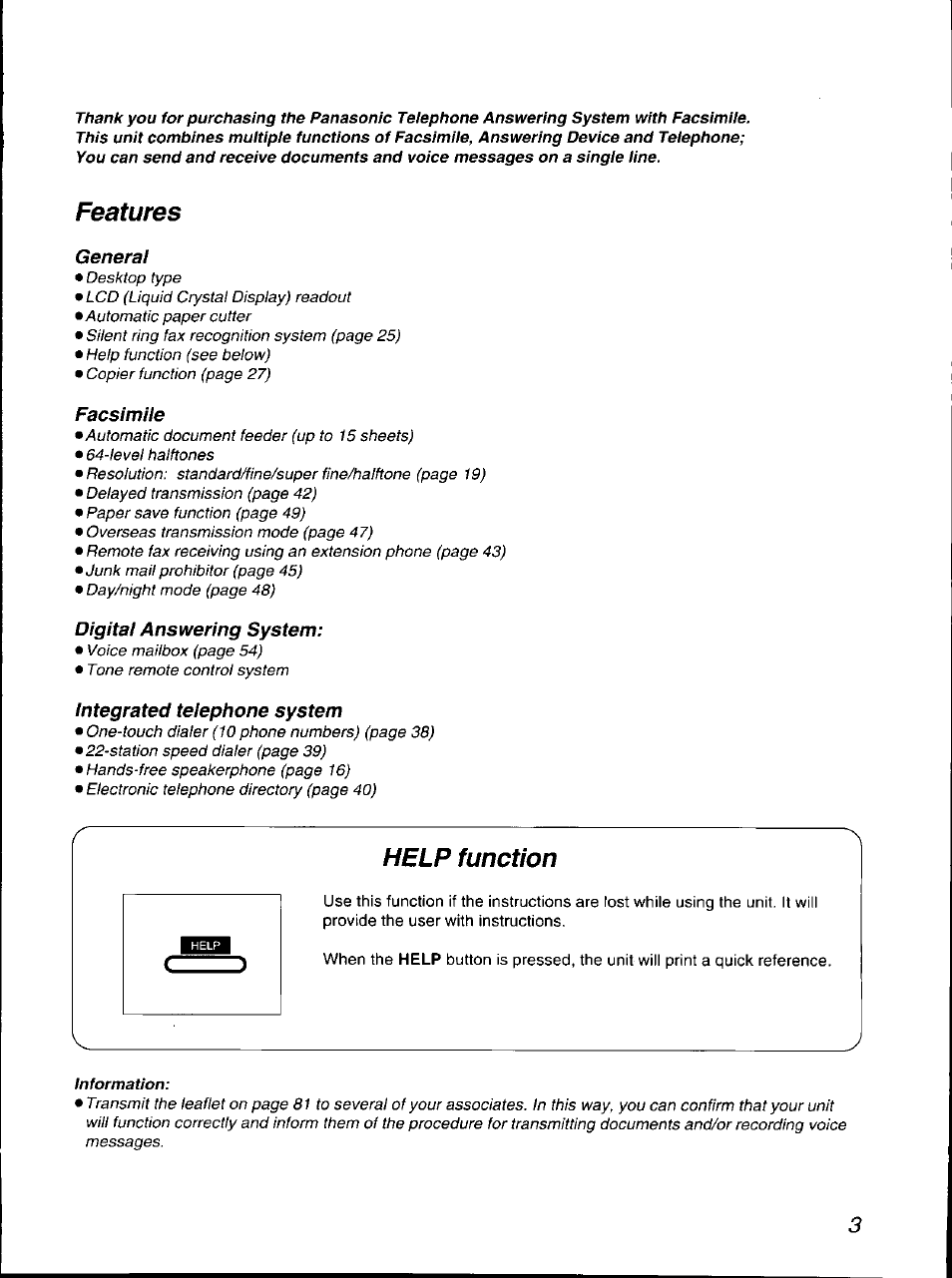 Features, Help function | Panasonic KX-F700 User Manual | Page 3 / 86