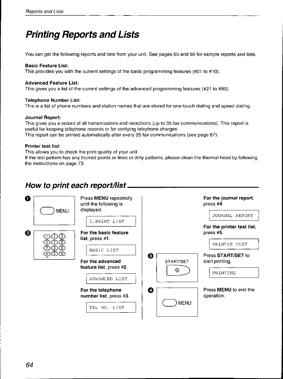 Printing reports and lists, How to print each report/list, Cpcpcj) | Panasonic KX-F700 User Manual | Page 64 / 86