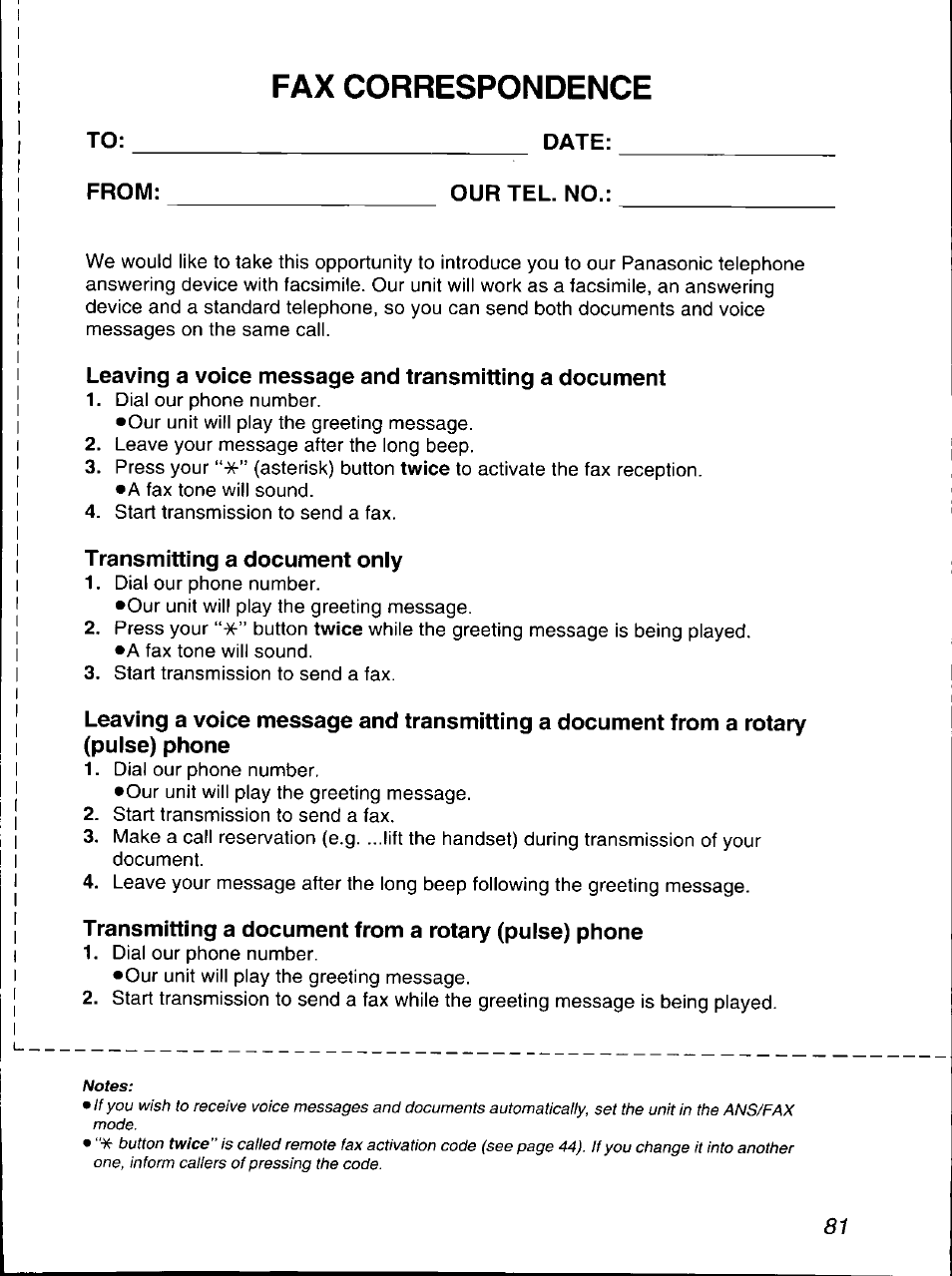 Fax correspondence | Panasonic KX-F700 User Manual | Page 81 / 86