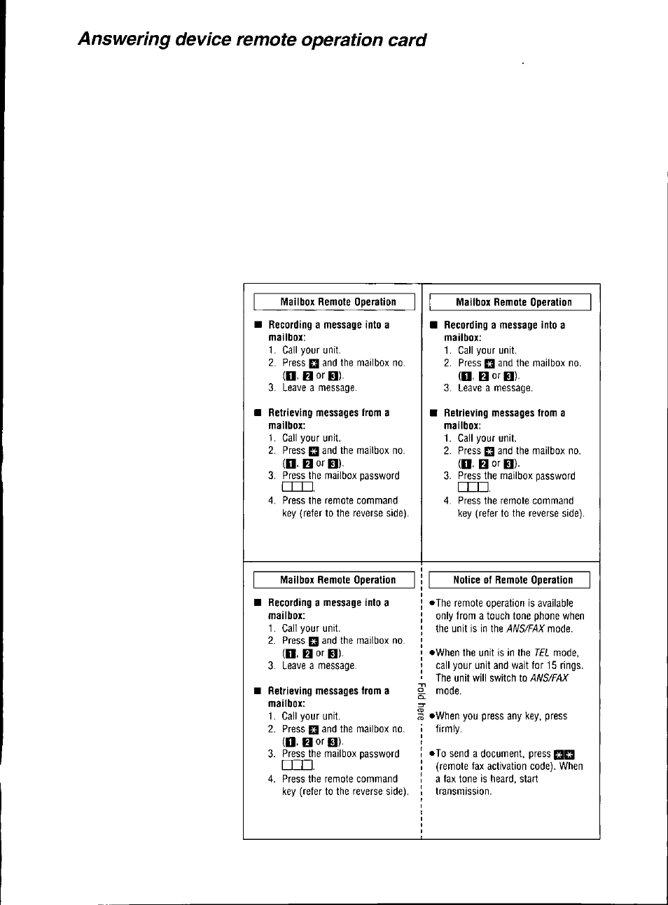 Answering device remote operation card, D. b or b), O, borb) | Panasonic KX-F700 User Manual | Page 84 / 86