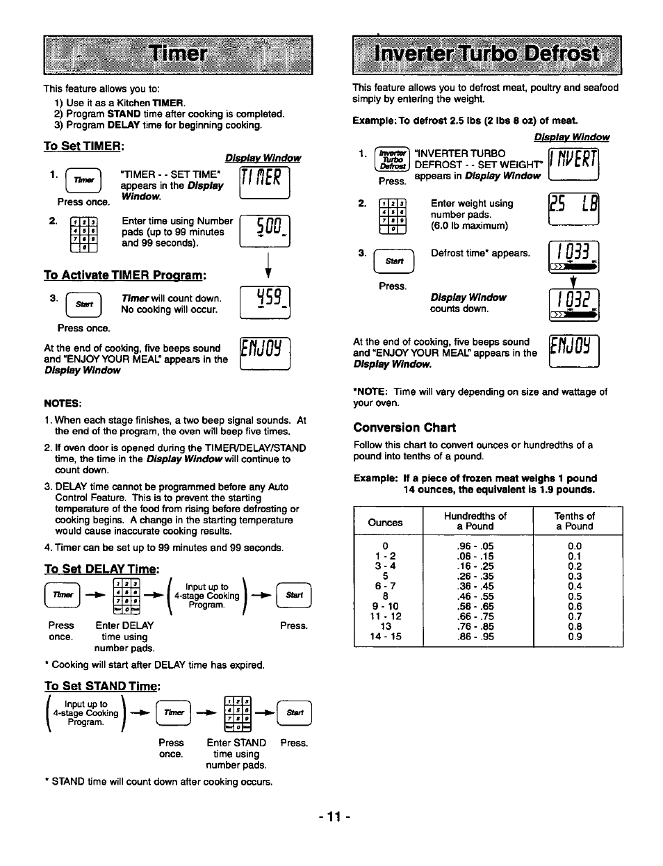 To set timer, Tiner, To activate timer program | To set delay time, To set stand time, Ss lb, Ei1j03, Conversion chart | Panasonic THE GENIUS PREMIER NN-S789 User Manual | Page 13 / 48