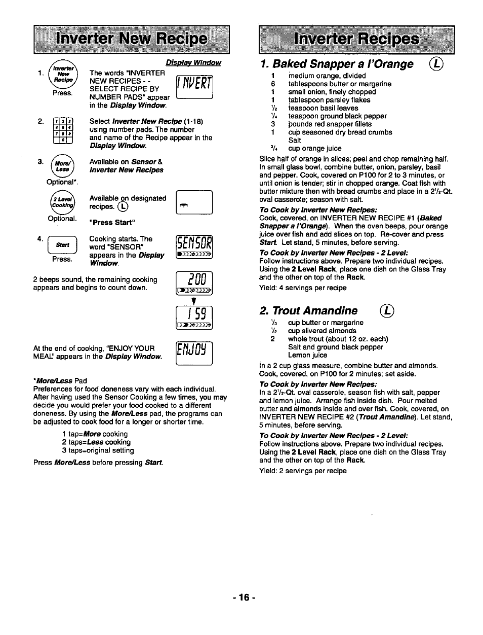 Inverter new recipe, Iwerj, Inverter new recipe iwerj | Baked snapper a ¡’orange, Trout amandine | Panasonic THE GENIUS PREMIER NN-S789 User Manual | Page 18 / 48