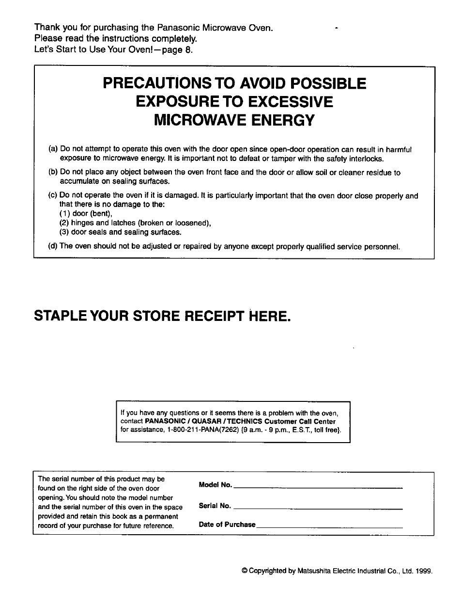 Staple your store receipt here | Panasonic THE GENIUS PREMIER NN-S789 User Manual | Page 2 / 48