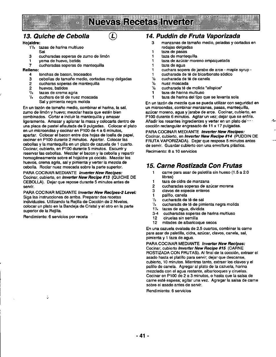 Inverter, Quiche de cebolla, Puddín de fruta vaporizada | Carne rostizada con frutas | Panasonic THE GENIUS PREMIER NN-S789 User Manual | Page 43 / 48