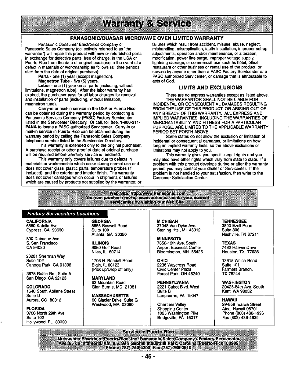 Panasonic/quasar microwave oven limited warranty, Limits and exclusions, Wel]istte:ih%v/www#anasonic.com | Service in puerto rico | Panasonic THE GENIUS PREMIER NN-S789 User Manual | Page 47 / 48