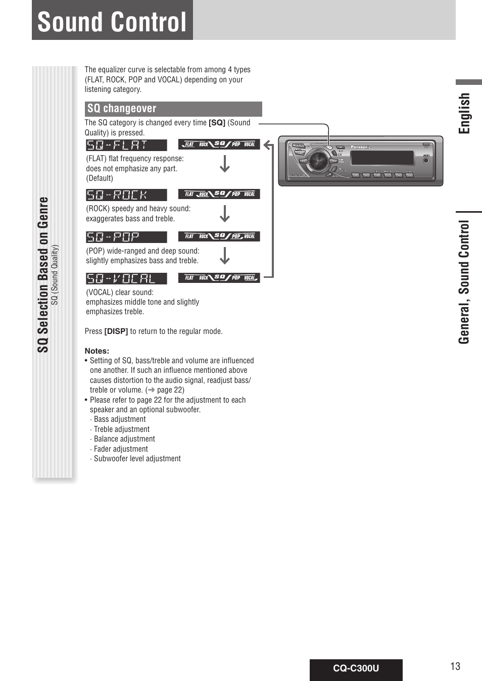 Sound control, English, General, sound control sq selection based on genre | Panasonic CQ-C300U User Manual | Page 13 / 88