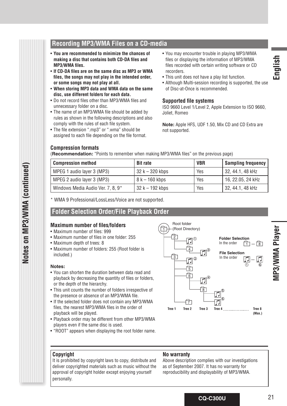 Mp3/wma player, English, Recording mp3/wma files on a cd-media | Folder selection order/file playback order | Panasonic CQ-C300U User Manual | Page 21 / 88