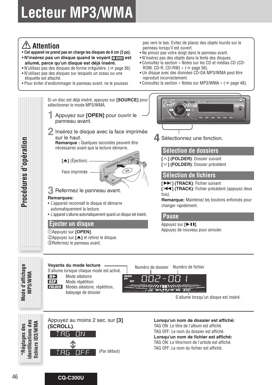 Lecteur mp3/wma, Procédures d’opération, Attention | Sélection de dossiers, Sélection de fichiers, Pause, Éjecter un disque | Panasonic CQ-C300U User Manual | Page 46 / 88