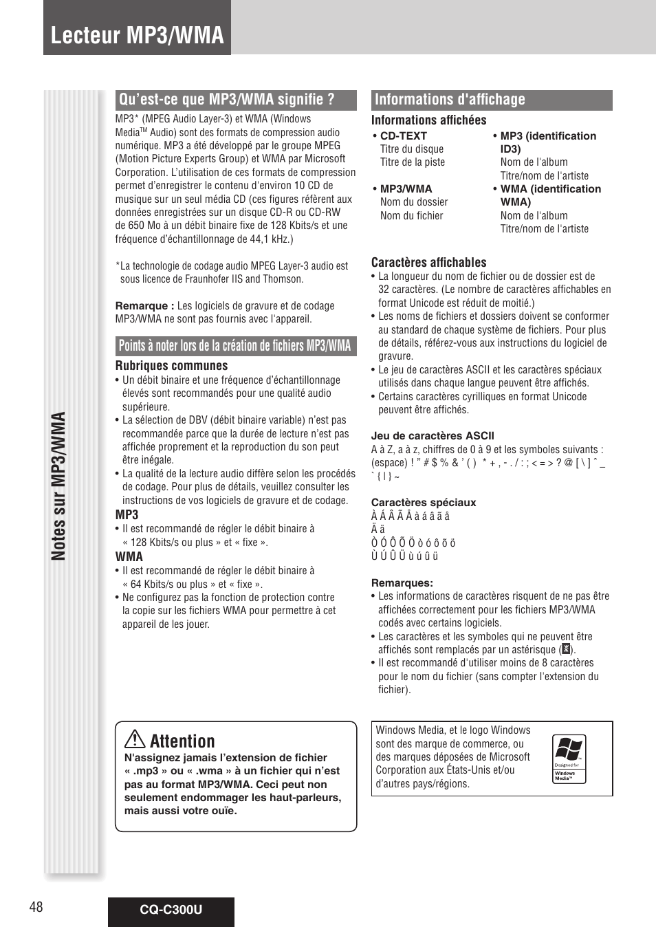 Lecteur mp3/wma, Attention, Qu’est-ce que mp3/wma signifie | Informations d'affichage | Panasonic CQ-C300U User Manual | Page 48 / 88