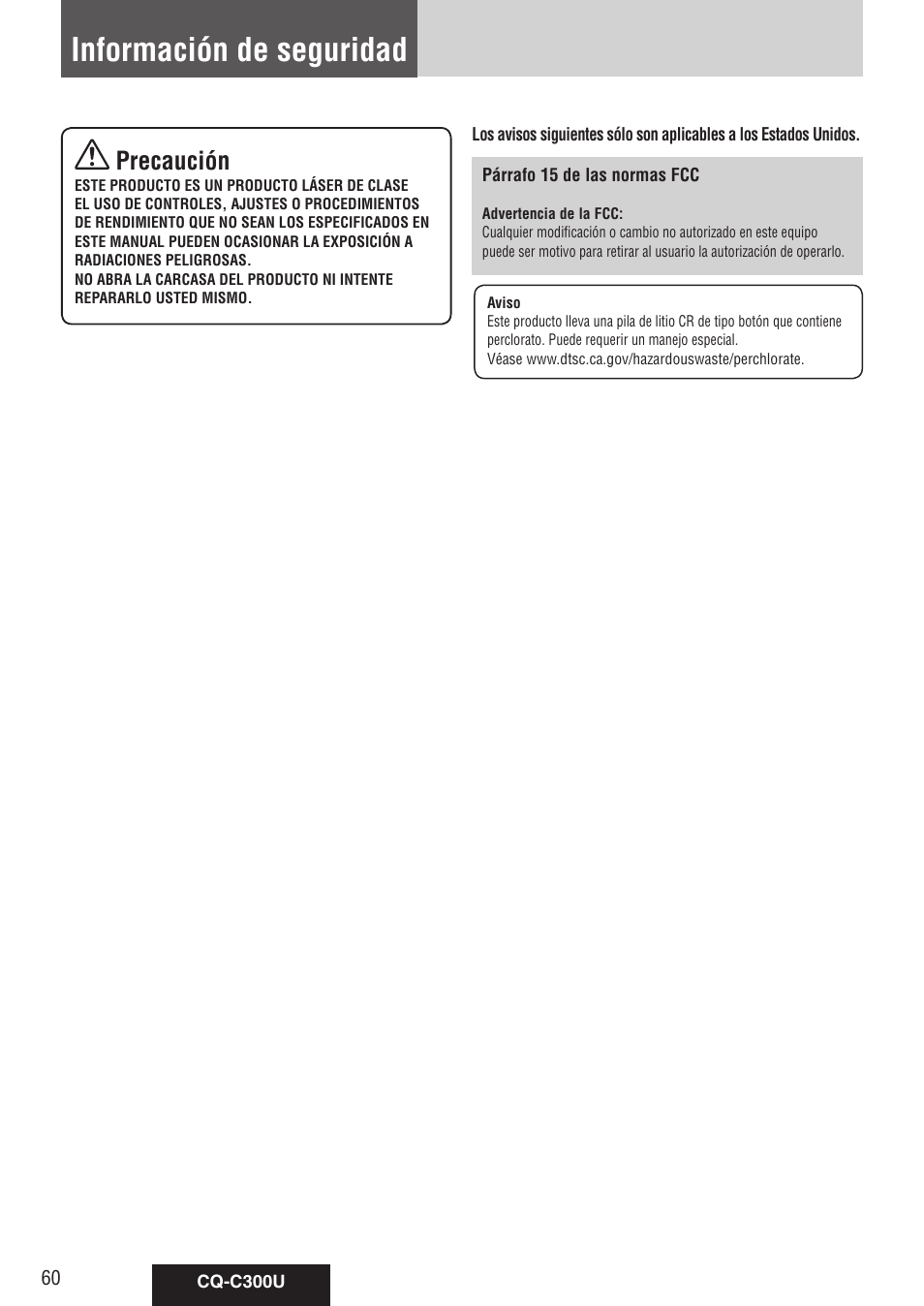 Información de seguridad, Precaución | Panasonic CQ-C300U User Manual | Page 60 / 88