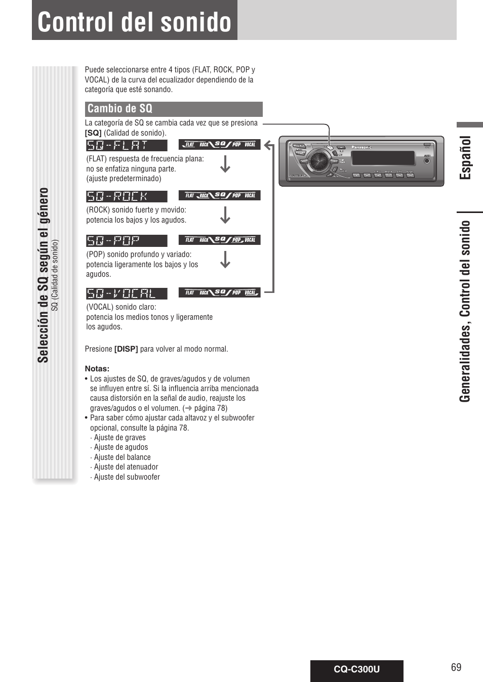 Control del sonido, Español | Panasonic CQ-C300U User Manual | Page 69 / 88