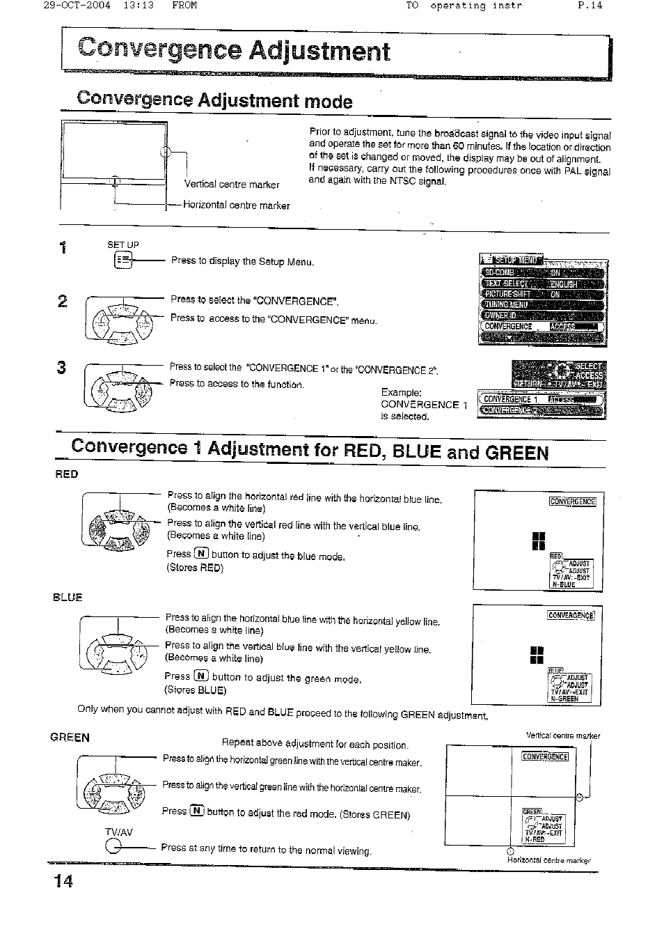 Convergence adjustment mode, Convergence 1 adjustment for red, blue and green, Convergence adjustment | Panasonic TX-56P800H User Manual | Page 14 / 36