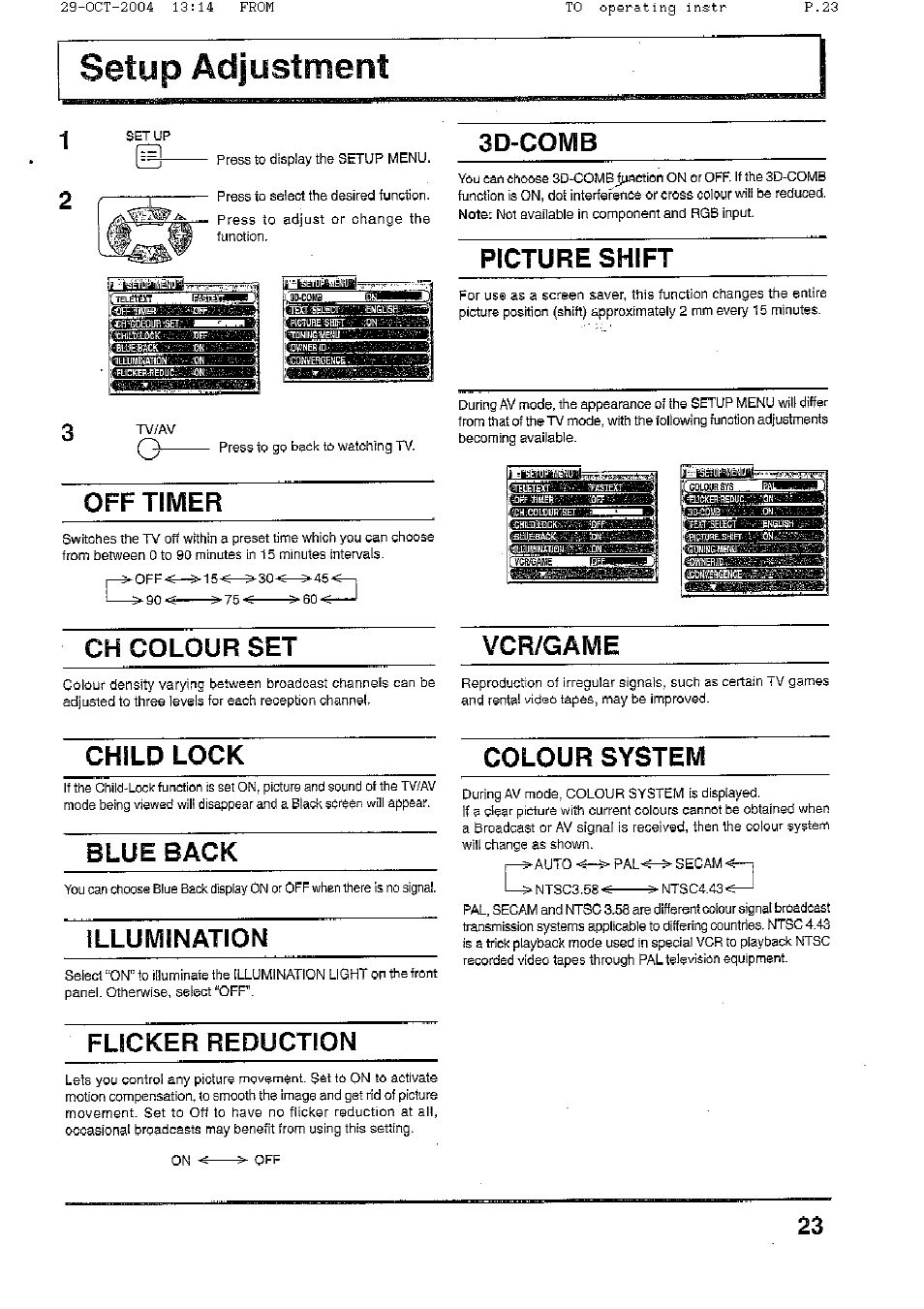 3d-comb, Picture shift, Off timer | Ch colour set ycr/game, Child lock colour system, Blue back, Illumination, Fucker reduction | Panasonic TX-56P800H User Manual | Page 23 / 36